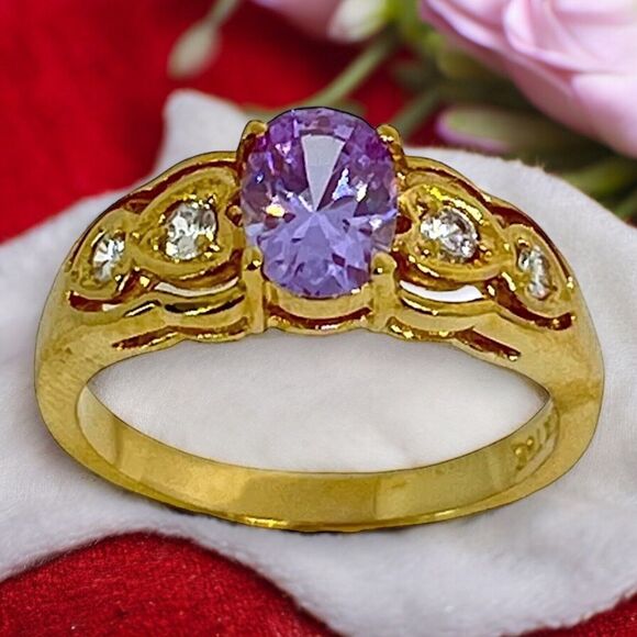 Vintage Ring Size 5 Purple Cubic Zirconia Accents 14K Gold Plate Mid-Century 14J - Picture 3 of 10